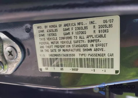 2007 Honda Accord 3.0 Ex from USA, damaged, VIN 1HGCM66517A093558